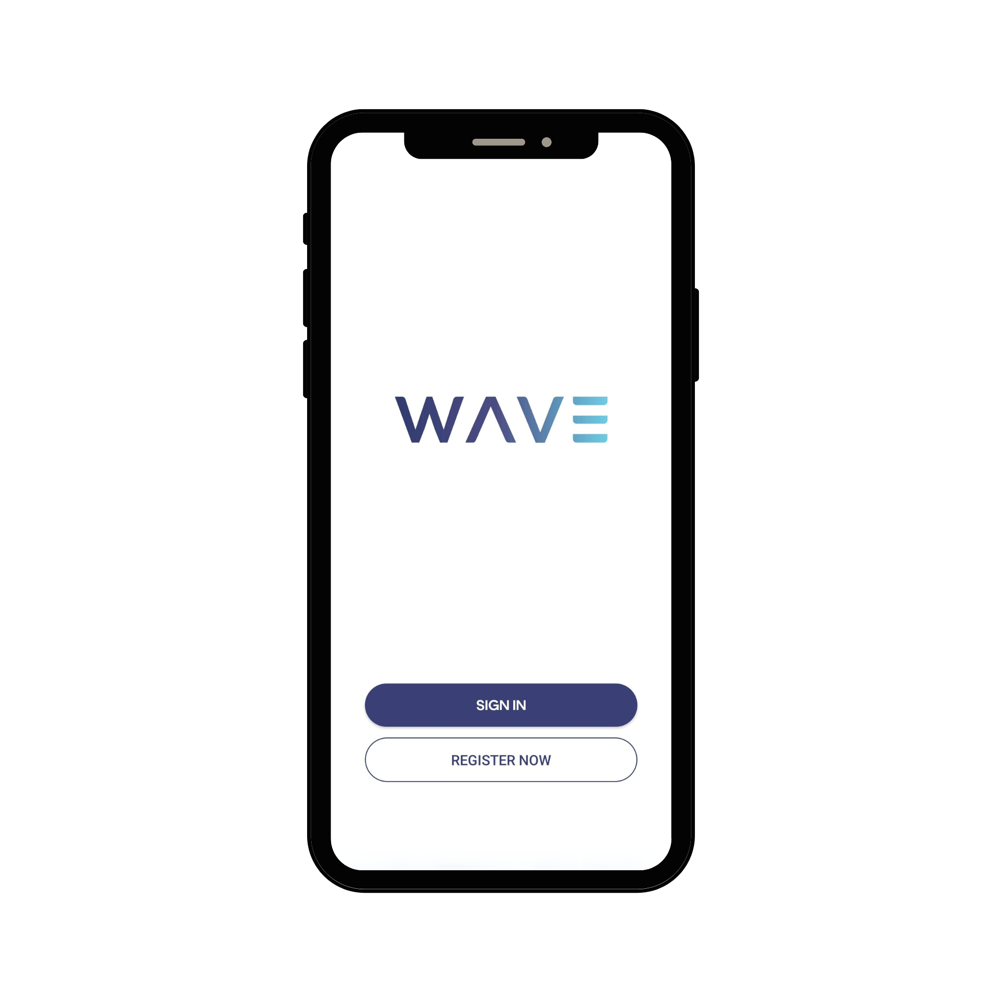 Wave app login screen showing the Wave logo with Sign In and Register buttons